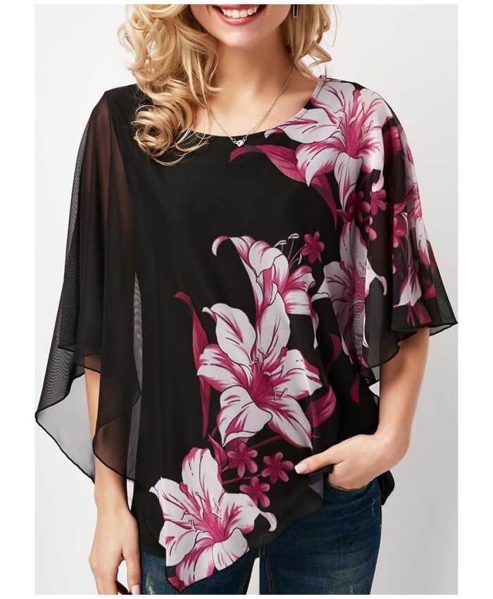 Flower Print Black Chiffon Overlay Blouse